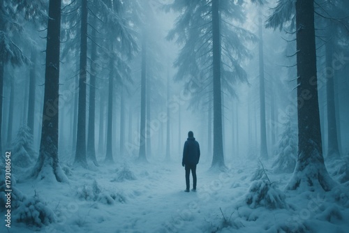 Man Walking in Snowy Forest