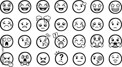 Set of Black and White Emoji Icons with Various Facial Expressions on Transparent Background