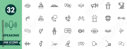Speaking Line Icons Set. Communication and Public Speaking Outline Vector Symbols