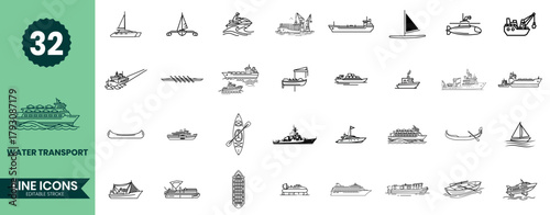 Water Transport Line Icons Set 32 Boat and Ship Outline Vector Symbols