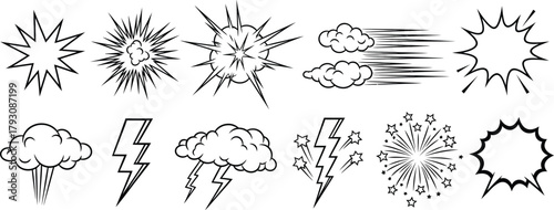 Set of Black Outline Cartoon Explosion, Fireworks, Cloud and Lightning Icons