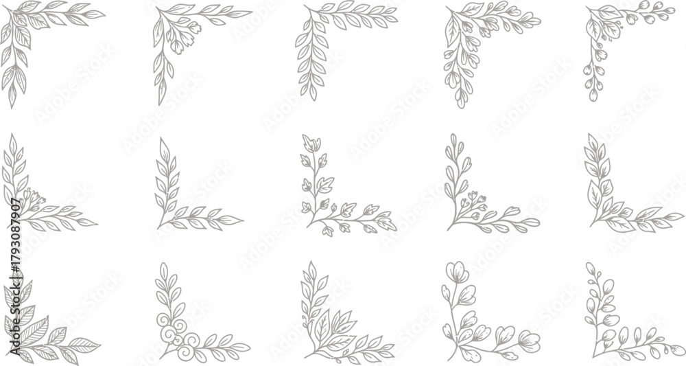 Obraz premium Set of Decorative Floral Corner Elements, Gray Leaf Accents on Transparent Background