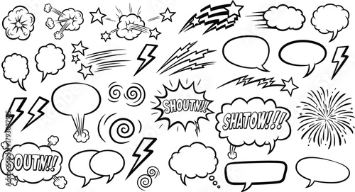 Set of Comic Bubbles, Stars, Shout, and Lightning on a Transparent Background
