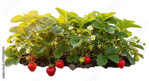 Fototapeta Naklejka Na Ścianę i Meble -  Ripe red strawberries and green leaves, on a strawberry plant with white flowers, cutout, PNG isolated on white or transparent background