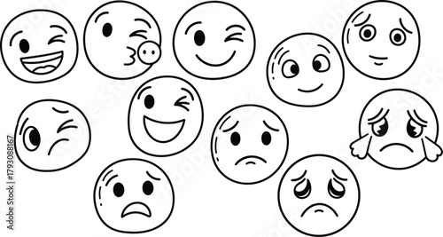 Set of Doodle Emoji Faces with Varied Expressions, Black Outline on White Background