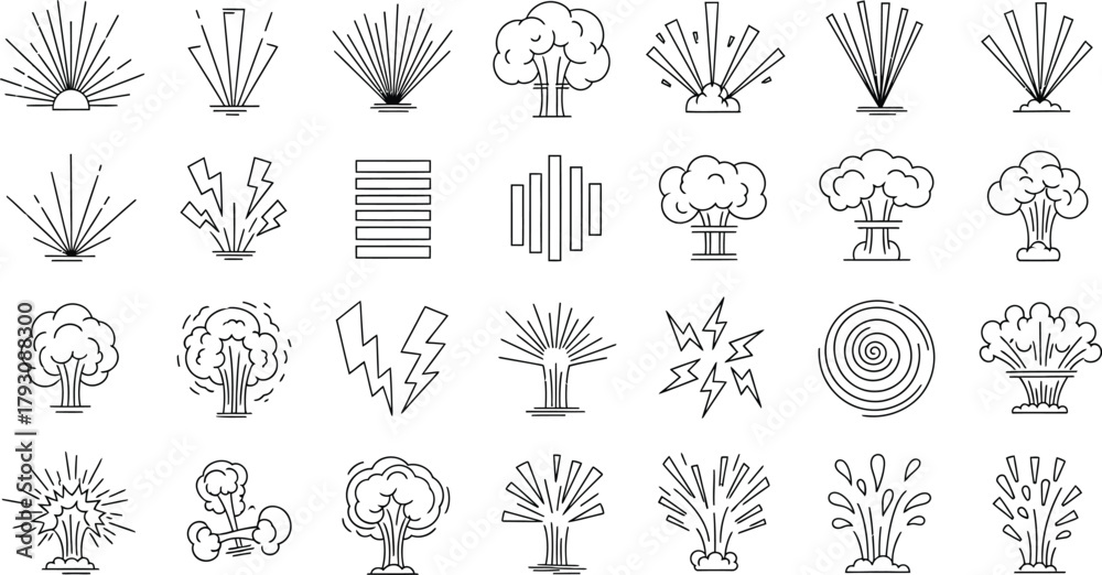 Naklejka premium Set of Explosion Outline Icons, Fireballs, Radioactive Cloud in a Transparent Background