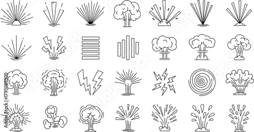 Set of Explosion Outline Icons, Fireballs, Radioactive Cloud in a Transparent Background