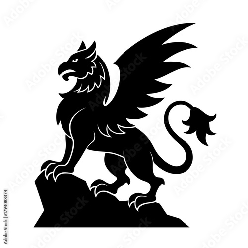 a griffin perched on a rock vector art illustration.