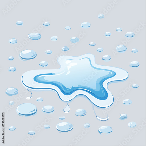 Clear Blue Water Droplets Scattered Across a Light Gray Surface with a Larger Puddle in the Center Reflecting Light and Shadows