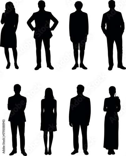 Business people silhouettes standing, professional teamwork concept, office group collaboration, leadership and communication, corporate lifestyle, modern business professionals, unity, success