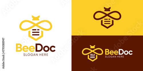 Creative simple bee doc logo template. Bee with file document Flying bee information logo design vector illustration.