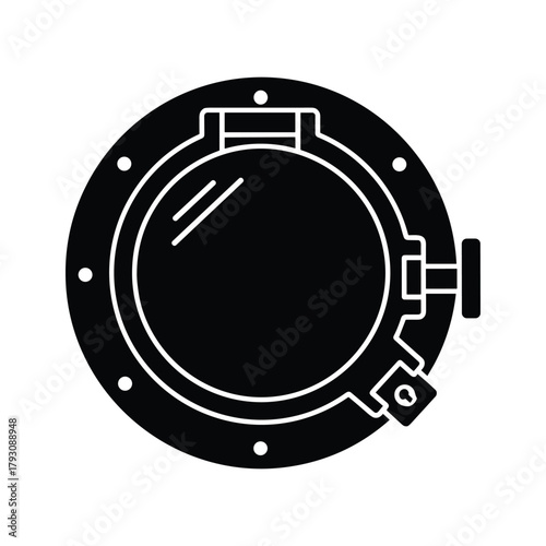 Black and white icon of a ships porthole window with a handle