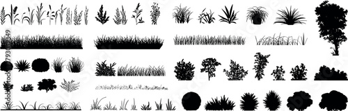 Grass and bush silhouettes set, shrubs and plants, black vector icons, landscape borders, garden design elements, isolated nature clipart collection