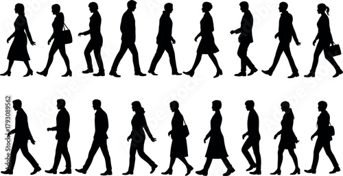 Professional women silhouettes collection, walking business women diverse poses, corporate professionals movement, vector isolated white background