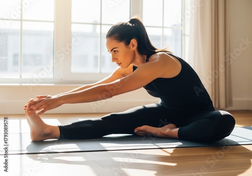 Young woman stretching on yoga mat indoors