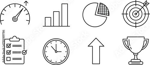Performance management line icons for business concepts