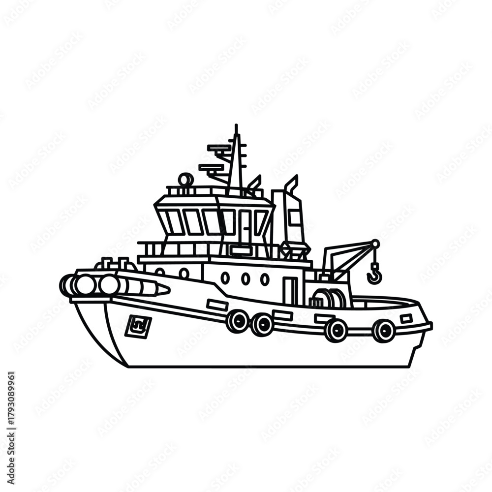 Obraz premium Outline illustration of a tugboat at sea