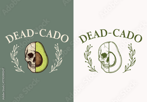 Halloween Avocado and Skeleton Illustration with Leaf Wreath for Merchandise Print.