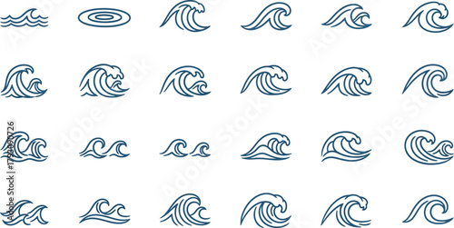 Set of Ocean Wave Icons in Blue Outline, Sea Water Line Art Design