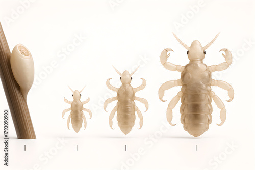 Photorealistic 3D anatomy of Pediculus humanus capitis (head louse), dorsal view, six segmented legs with single large tarsal claw opposing tibial thumb, elongated abdomen with visible spiracles