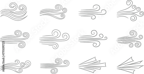 Set of Twelve Hand Drawn Decorative Wind and Air Flow Line Elements on Transparent Background