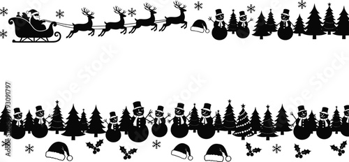 Christmas holiday border with Santa sleigh reindeer, snowmen, pine trees, snowflakes, Santa hats and festive winter silhouette decoration design