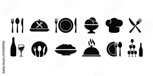 restaurant, food, service, icons, set, cutlery, fork, knife, spoon, plate, dish, cloche, dome, chef hat, ice cream, wine bottle, wine glass, stacked glasses, bowl, meal, dining, catering, beverage, de