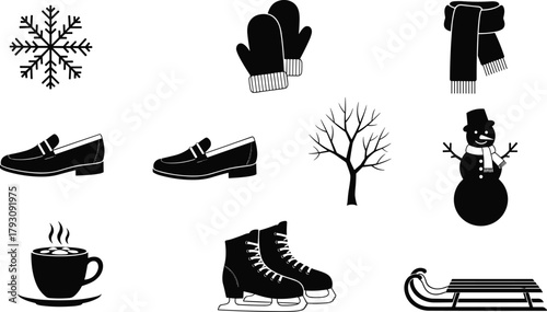 Winter season vector icon set with snowflake, mittens, scarf, snowman, ice skates, hot coffee and sled in black silhouette style