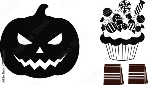 Halloween pumpkin silhouette with spooky face, candy-filled cupcake, and treat bags illustration set for festive holiday design and decoration graphics