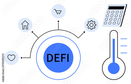 DEFI at center surrounded by icons for house, shopping, heart, gear, calculator, thermometer. Ideal for fintech, blockchain, investment technology innovation planning simple flat metaphor