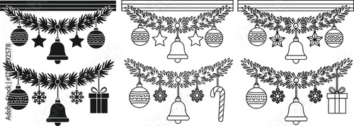 Black and white Christmas garland illustration set featuring ornaments, bells, stars, snowflakes, candy cane, and gift decorations in festive holiday design