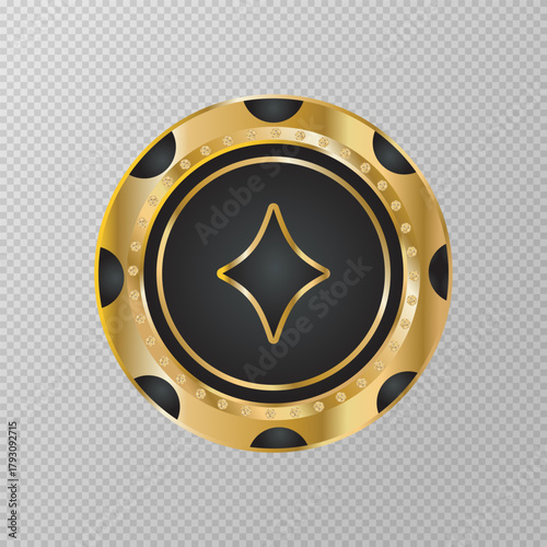 Gold and black  poker chips with diamonds on transparent background. Gambling token with suit for poker and casino. Diamond. Design for advertising, games, casino,  posters. Vector illustration.