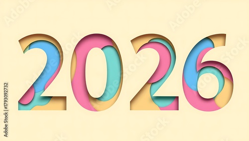 Year 2026 layered paper cut numbers pastel colors new year