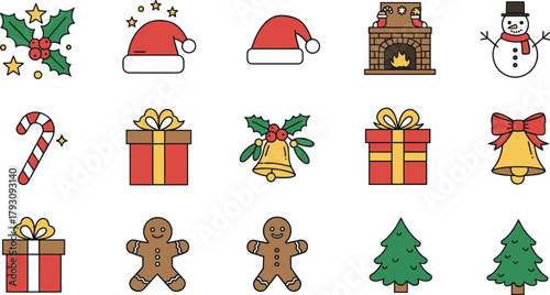 “Colorful Christmas holiday icon collection featuring gifts, Santa hats, bells, holly, snowman, candy cane, fireplace and festive winter symbols illustration”