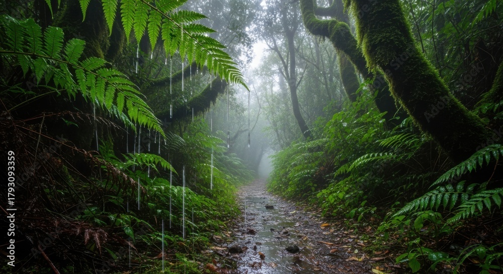 Obraz premium Misty Green Rainforest Path with Wet Ferns and Lush Foliage