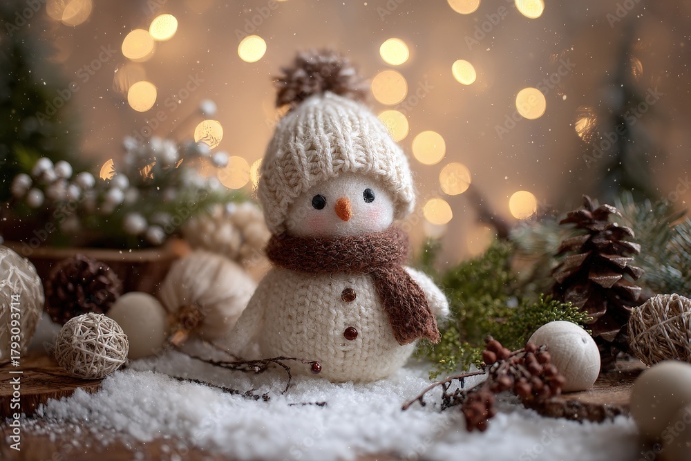 Obraz premium Adorable knitted winter figure sits nestled among festive holiday decorations with soft bokeh lighting