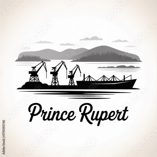 ‎Prince Rupert British Columbia Skyline Silhouette — A Canadian Mountain Port City in Northern BC Vector Illustration