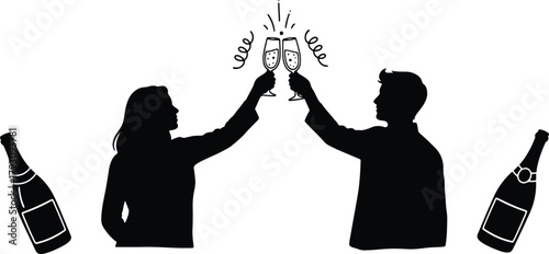 Celebration toast with champagne flutes festive event with silhouettes
