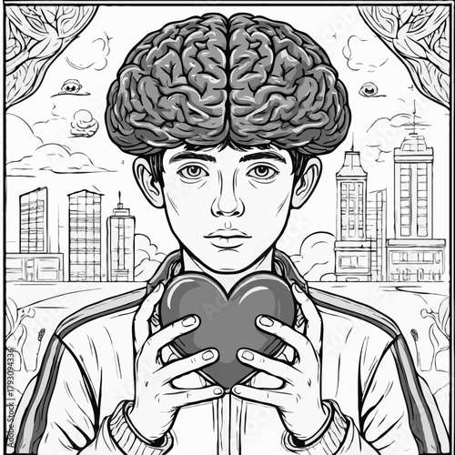 Young man with brain as hair holds a heart in his hands against an urban skyline. Symbolic line art exploring emotions, mental health, and consciousness. Perfect for psychology, self-care.