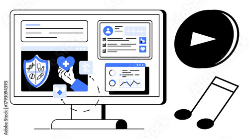 Monitor displaying medical data and analytics, health technology, music note, and play icon. Ideal for healthcare, multimedia, innovation, digital communication, technology analytics creativity