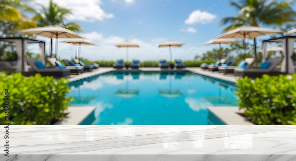 Fototapeta premium Luxury resort swimming pool with palm trees and umbrellas