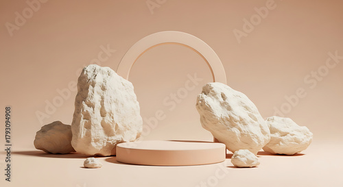 Minimalist beige podium with natural stones and a circular arch. 3D-rendered abstract scene for product display, luxury branding, or spa concept. Clean, serene, and modern aesthetic.