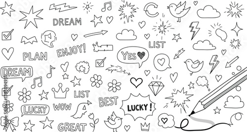 Sketchy Doodles with Star, Arrow, Diamond,Heart, Pencil on White Background