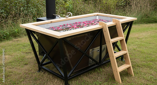 A modern, heated outdoor hot tub with floating rose petals, nestled in a herbaceous garden. The wooden frame features a ladder and metal framing. Ideal for luxurious, wellness, or natural settings.