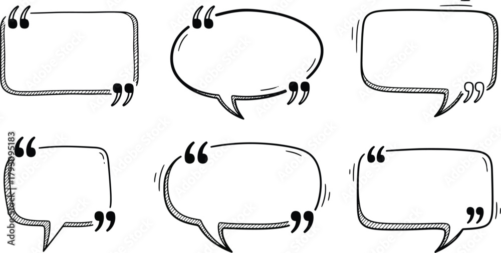 Naklejka premium Sketch Style Speech Bubbles Collection Hand Drawn with Quotation Marks Set Isolated