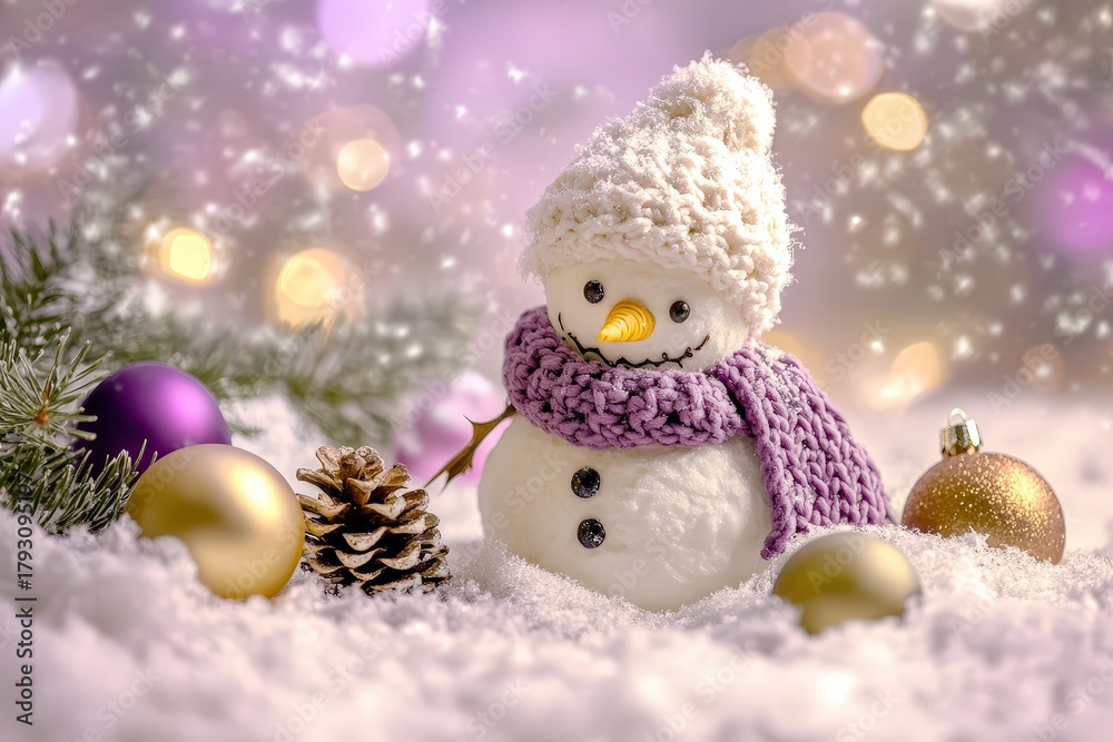 Obraz premium Adorable knitted snowman figure rests in white snow surrounded by holiday ornaments and falling particles