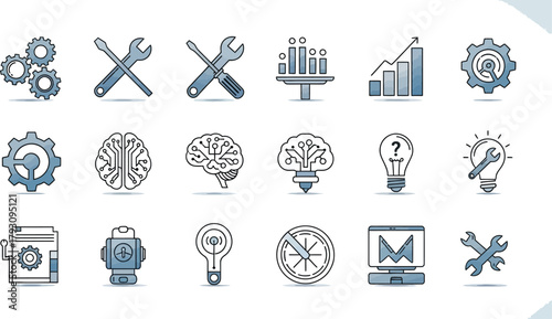 Sketchy Style Gears, Brains, Tools and Statistics Icons on White Background Concept