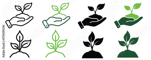 Ecology Organic Seedling Line and Silhouette Icon Set. Growth Eco Tree Environment. Plant in Human Hand Symbol Collection, Agriculture Concept. Vector Illustration.