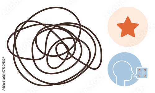 Chaos represented by a tangled line, orange star for recognition, and speech bubble denoting communication. Ideal for decision-making, creativity, problem-solving, ambiguity, teamwork, innovation