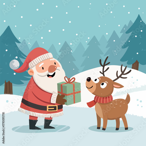 Santa Claus Giving a Christmas Gift to a Cute Reindeer in a Snowy Winter Forest 🎁